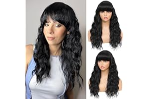 SOKU Noir Ondulé Court Bob Perruque avec Frange pour Femme 50 cm Perruque Synthétique Longueur Moyenne Naturel Bouclé Résistant à la Chaleur Aspect Naturel Frange Réaliste Perruques pour Femme