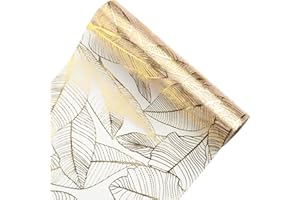 Bekeify Camino de Mesa Dorado 28cm × 15m Camino Mesa Oro Brillante Poliéster Decorativo Oro Tul Dorado Metálico Camino de Mesa de Navidad Decoración para Regalos Año Nuevo Boda Patrón de Hojas
