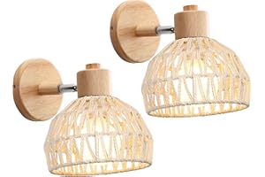 iDEGU 2 Piezas Apliques pared interior, Lámparas de Pared para Dormitorio E27 Iluminación Simple Luz de Pared en Madera Ratán Aplique Regulable para Pasillo Salon Café (20cm, Ratán Blanco)