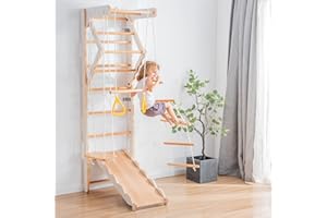 FEZTOY 6 in 1 Multifunktions Sprossenwand Set für Kinder mit Schaukeln/Klimmzugstange/Ringe/Schaukel/Krabbelleiter und Strickleiter-Holz Klettergerüst Indoor - Kletterwand, Klettergerüst, Turnwand (B)