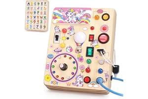 HOAROSALL Unicorn Montessori Busy Board for toddlers for 1 year old Activity Board Wooden Toy With 10 Switches and 23 LED Lights Sensory Board Motor Skills Toy for Babies and Children from 1 2 3 years Girls