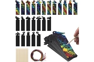 KIDPOLIS Kratzbilder für Kinder, 48 Stück Dinosaurier Lesezeichen Kratzbilder Set, Lesezeichen Personalisiert mit 24 Holzstiften und 48 Bändern, Regenbogen Deko Mitgebsel Kindergeburtstag Junge und Mädchen