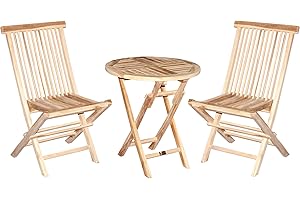 AMBIENTE HOME Ambientehome Juego de muebles de balcón de tres piezas de madera de teca, silla plegable y mesa plegable redonda de Ø 60 cm de diámetro, juego bistró de tres piezas de madera de teca