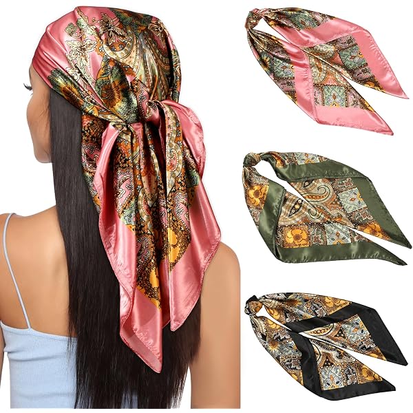 Ehuihuan Lot 4 Bandanas Satin 90x90 Cm – Foulards Carrés Soie Pour Femme – Rétro Boho Cheveux, Cou, Tête – Multiusages & Élégants
