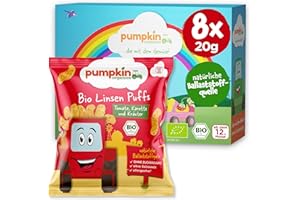 ‎PUMPKIN ORGANICS Pumpkin Organics Kindersnack Bio Linsen Puffs Tomate, Karotte und Kräutern (8er Pack) Baby Snacks ohne Zusatzstoffe ab dem 12. Monat - allergenfreie² und glutenfreie² Knuspersnacks für Kinder (8x20g)
