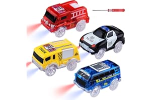 SIKKEBY Lot de 4 Voiture Jouet qui brillent dans le noir pour Voiture Enfant de 3 à 8 ans, voiture de police, bus, camion de pompiers, camion avec 5 lumières LED, jouet de rechange qui roule sur rails