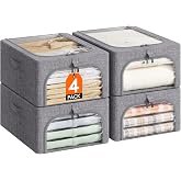 Lifewit - 4 Pack Clothes Storage Bins with Metal Frame, Foldable Clothes | Fabric Storage Bags with Lids Zipper Foldable Orga