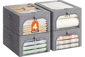Lifewit 4 Pezzi Scatole per Armadio Rigide con Struttura in Metallo, Organizer Armadio con Finestra Trasparente, Pieghevole, Contenitori per Armadio Impilabili per Vestiti, Trapunte, Piumone, 25L