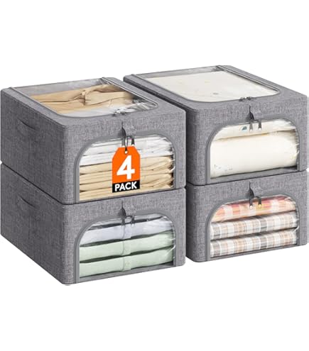 Lifewit 6 Pack Kleding Opbergbakken met Metalen Frame, Opvouwbare Bewaarbakken met Deksel, 25L Stapelbare Opbergdoos Opbergzakken Stoffen Organizer met Doorzichtig Venster＆ Rits＆ Stevige Handgrepen