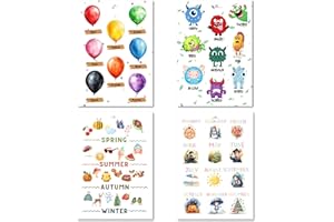 LUADREAMS Laminas Decorativas Pared Infantil (Set de 4), Laminas Infantiles para Habitacion Educativas en Inglés - Laminas para Cuadros Infantiles de Aprendizaje Divertido, Decoracion Habitacion Bebe (DINA3)
