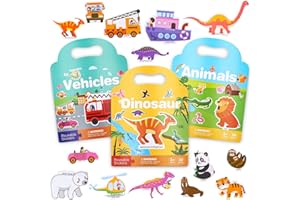 Zhufas Paquete de 3 Libros Pegatinas Infantiles, Adecuado para Niños y Niñas de 3 a 6 Años, con Panorama Plegable de Libro, Vehículos, Animales, Dinosaurios, Juguetes Educativos y Didácticos