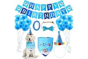 SKYLETY Dog Birthday Bandana Hat Set Dog Birthday Hat Dog Birthday Bandana Scarf Shining Dog Bow Tie Collar Dog Happy Birthday Banner and 10 Piece 12 Inch Paw Print Balloon with Tape for Dog Pet (Blue)