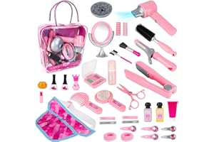deAO Ensemble De Salon De Beauté pour Filles 35 Pièces, Mode Jeu De Simulation De Coiffeur avec Sèche-Cheveux, Miroir, Fer À Friser Et Autres Accessoires Kit De Maquillage Simulé pour Enfant