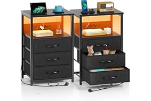 ‎ROLANSTAR Rolanstar Nachttisch mit LED, Nachtschrank mit 3 Schubladen, Beistelltisch mit Ladefunktion, Platzsparend & Einfach Montiert für Schlafzimmer, Geeignet für Wohnzimmer, Schwarz 2pcs