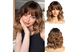OUFEI Perruque Brune Ombre pour Femme Courte Perruque Ondulée avec Frange Cheveux Naturels Synthétiques Perruques Résistantes à La Chaleur pour Le Port Quotidien de la Fête Cosplay