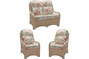 DESSER & CO LTD THE HOME OF RATTAN FURNITURE SINCE 1919 Desser Vale Rattan Conservatory Furniture Set – 2 Seater Sofa & 2x Armchairs – Luxury Indoor Real Cane Wicker Chair & Settee Suite with UK Manufactured Cushions – Premium Blossom Fabric