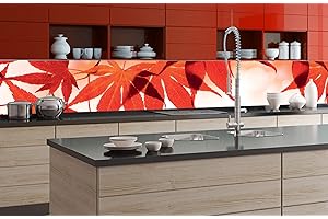 DIMEX LINE Paraschizzi Auto-Adesiva per la Cucina Foglie Rosse 350 x 60 cm | Resistente all’Acqua | QUALITA‘ Premium