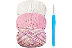 RENYIZ Chunky Cotton Wool Yarn for Crochet Beginners - 3x50g Starter Kit with 4mm Hook, Easy Amigurumi Yarn - Pink