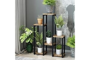 [en.casa] Étagère à Plantes à 6 Niveaux Support Cache-Pots Fleurs Herbes Surface de Stockage Meuble de Rangement Métal Panneau de Particules 79 x 56 x 20 cm Noir Effet Bois