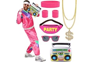 CEFUNIS 80s 90s Shell Suit Costume Set for Women Men, 1980s Fancy Dress Costume Fashion Retro Tracksuit 80s Outfit Set with Headband Wristband Necklace Hip Hop Rapper Dress Up for Carnival Party