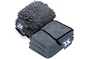 EOPUOZS Kit Pulizia Auto, con 3 Pezzi Panno Microfibra e 2 Pezzi Guanto Lavaggio a Doppia Faccia, 600GSM Panno Asciugatura Pulizia, Super Assorbenti, per Cura Auto Moto, 40 x 30 cm