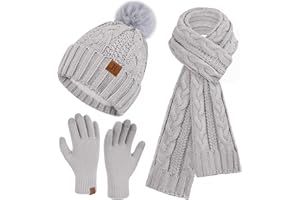 ZASFOU Donna Cappello Invernale Sciarpa Guanti Touch Screen Set Caldo Ciniglia Pompon Maglia Berretto Cappelli Pile Foderati Scaldacollo Guanto Regalo per Donna