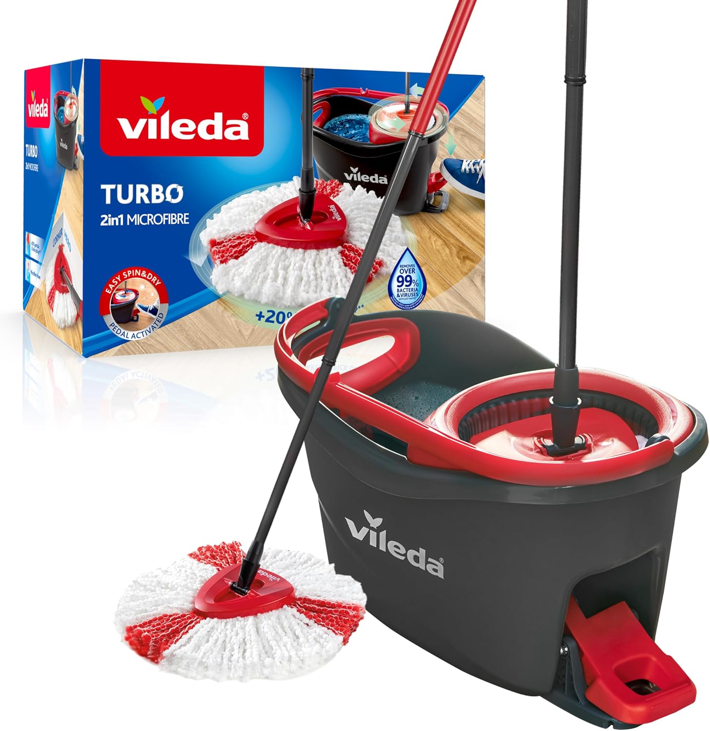Vileda Turbo 2in1 Spin Mop & Bucket Set with Foot Pedal, Telescopic Handle up to 123cm, 2-in-1 Microfibre Mop Head for Deep Cleaning, Removes 99% Dirt with Water, Suitable for All Hard Floors, Red
