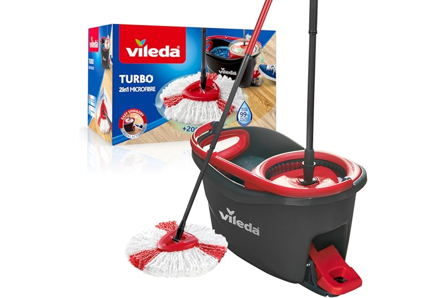 Vileda Turbo 2in1 Spin Mop & Bucket Set with Foot Pedal | Telescopic Handle (Up to 123cm) & 2‑in‑1 Microfibre Mop Head | Deep-Cleaning Spin Mop for All Hard Floors | Removes 99% of Dirt with Water