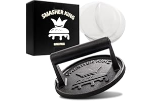 SMASHER KING™ - Premium Gusseisen Smash Burgerpresse inkl. 25 Stück Patty Paper, Burger Smasher für Grillplatte mit schwarzem Holzgriff, perfekte Hamburgerpresse, Fleischpresse, Speckpresse
