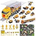Manrock Construction Toy Vehicles Set for Kids Toddlers, Carrier Truck with Excavator Digger Bulldozer Tractor & Play Mat Toy for 3 Years Old Boy