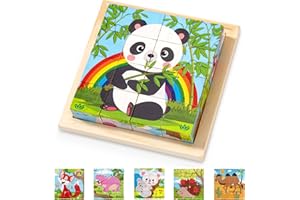 WISPLYE Puzzle Cubi Legno Giochi Bambini, 3D Cubo Puzzle Giochi, 6 in 1 Motivi Animali Puzzle in Legno Giocattoli Montessori Educativi Regalo per Bambini Ragazzi Ragazze 2 3 4 Anni