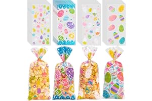 GOMANCHE Easter Cellophane Bags, 100pcs Easter Treat Bags with 100pcs Gold Twist Ties, Easter Candy Goodie Treat Bags for Kids Easter Party Favor Supplies