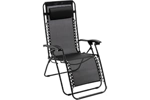 Baroni Home Chaise Longue de Jardin Zero Gravity, Fauteuil Relax avec Appui-Tête Rembourré, Transat d’été en Accier Allié, Chaise d’Extérieur Confortable, 165x65x11 cm, Noir