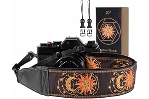 Padwa Lifestyle Helios Moon God Camera Strap -2" Full Grain Leather Ends Camera Straps for Photographers, Vintage Embroidered Cotton Weave Soft Suede Fabric Padded Strap Quick Release fits All Cameras