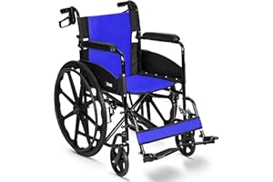 MADE MOBILITY Lightweight Folding Wheelchair - Travel Friendly Foldable Self Propelled Transit Wheel Chair - Adjustable Footrests, Lock Lever Brakes, Dual Parking Brakes - Blue, Wide 20" Seat