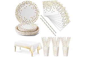 Nkaiso 126 Pezzi Bianco Oro Stoviglie per Feste,Happy Everyday Festa Decorazioni Set Include Piatti di Carta Tovaglioli Tazze di Carta Cannucce Tovaglia,per Nuziale Matrimonio,Compleanno(25 Ospiti)