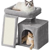 Feandrea Small Cat Tree, Tower with House, Dove Grey | Scraper Ramp, Large Platform, Cave, Dove Grey, CLAWFY Collection PCT01