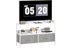 HOMCOM Mueble de TV, Mesa de TV con Estante y 2 Cajones de Tela Plegables, para Televisores hasta 47 Pulgadas, Largo de 98 cm, para Salón, Dormitorio, Blanco y Gris