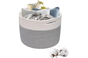 BAILTOUK Cesta de Almacenamiento de Cuerda de Algodón, Organizador de Juguetes con Asa, Cestos Organizadores Cestas de Almacenamiento de Juguetes para Baño, Maquillaje, Juguetes, 21×21cm (Gris & Blanco)