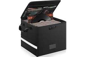 OUUTMEE Fireproof Vinyl Record Storage Box with Lock, Water Resistant Vinyl Storage Case for 12 inch Records Holds up 100+ Single Record, Collapsible LP Record Storage Crate for Album Collection,Large