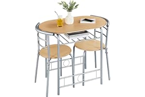 Yaheetech 3 Piece Dining Room Set, Modern Round Dining Table & Chairs Set for 2, Compact Breakfast Bar Table Set with Metal Legs and Shelf, Built-in Wine Rack for Dining Room, Living Room, Natural