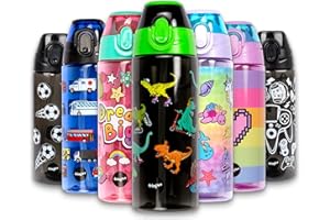 Fringoo - Borraccia per bambini con cannuccia, 100% senza BPA, 600 ml, per scuola materna, bottiglia da viaggio per bambini, Bambino, Pattinatori dinosauri, 600 ml