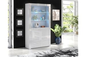 Furneo Clifton 20 – White Display Cabinet, Modern 2-Door Cupboard, High Gloss & Matt Finish, Blue LED Lights