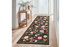 Puremy Waschbarer Flur Teppich Kurzflor Läufer, Vintage Blumenmuster Niedriger Flor, Wohnzimmerteppich Weich Teppiche für Bettvorleger Matte/Deko/Schlafzimmer/Kinderzimmer, 80x150cm, Schwarz