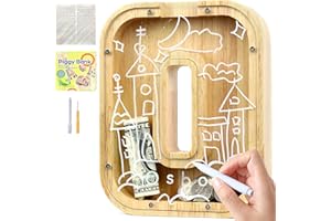Lakpopya Salvadanaio Bambini Bambina in Legno Salvadanaio Apribile Salvadanaio Personalizzato di Lettre A-Z Salvadanaio Trasparente con Adesivo & Pennarello & Cacciavite, Regali per Bambini (O)