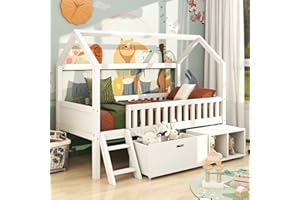 KecDuey Kinderbett, 200x90 Hausbett Mit Schubladen und Ablagefächern，mit Anti-Drop-Geländer Geeignet für Jungen und Mädchen, Weiß