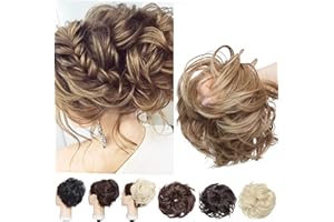 SEGO Moño Postizo Elástico GRUESO Pelo Sintético Se Ve Natural [Castaño Claro a Rubio Ceniza] Coletero Pelo Mujer Recogidos Rizado Extensiones Coleta Postiza (80g)