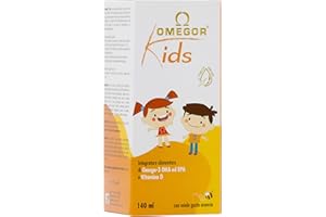 Omegor Kids con omega-3 DHA vegetale per bambini | 250mg di DHA e 125mg di EPA da olio algale | Squisita emulsione di miele e succhi di frutta | Con vitamina D3 | Flacone in vetro 140ml con cucchiaio