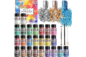 ERCORART Mica Powder 28 Colours Natural Mica Powder Dye for Epoxy Resin,Soap Making,Candle,Eye Shadow,Nail Polish, Lip Gloss,Blush,Cosmetics,Slime,Bath Bomb,Bonus Spoon,Gold foil Flakes, with Brushes - 3 g