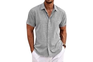 COOFANDY Mens Linen Shirts Short Sleeved Summer Regular Fit Cotton Shirt Button Down Hawaiian Holiday Tops